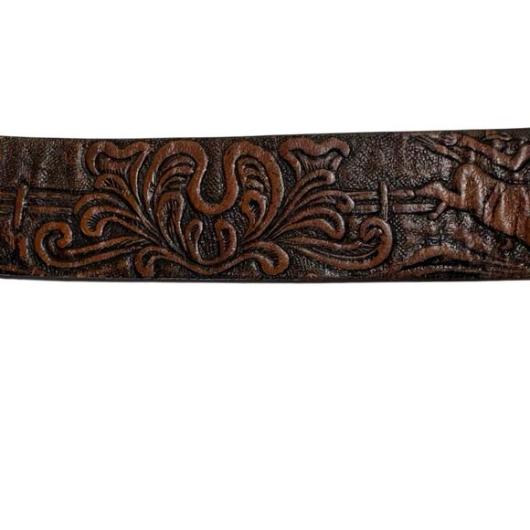 3D Leather Tooled Bucking Bronco Bull Roping Cowboy Western Belt - Picture 5 of 12